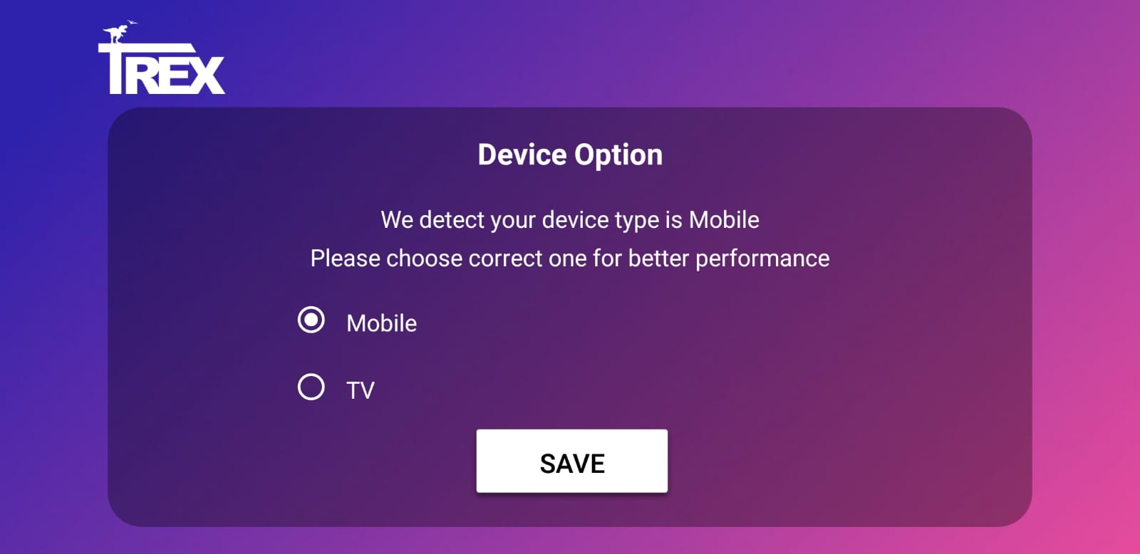 TUD IPTV app — select Mobile or Tablet on Android