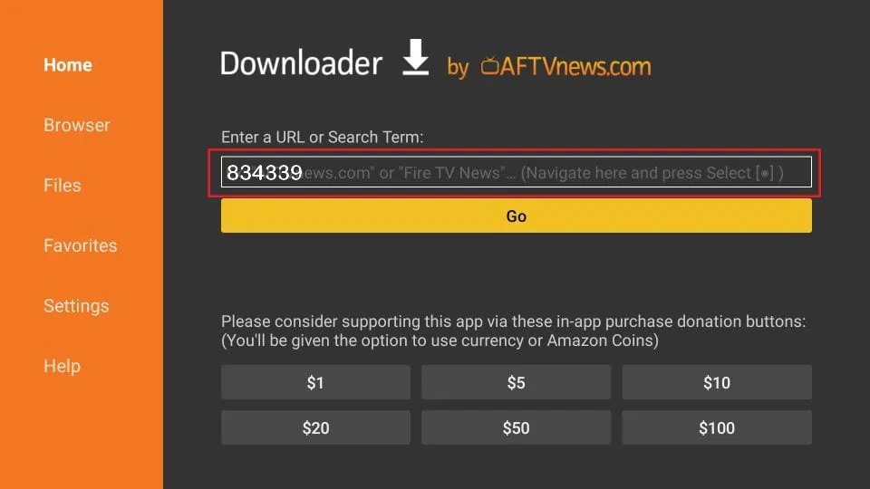 Enter code 834339 in Downloader app