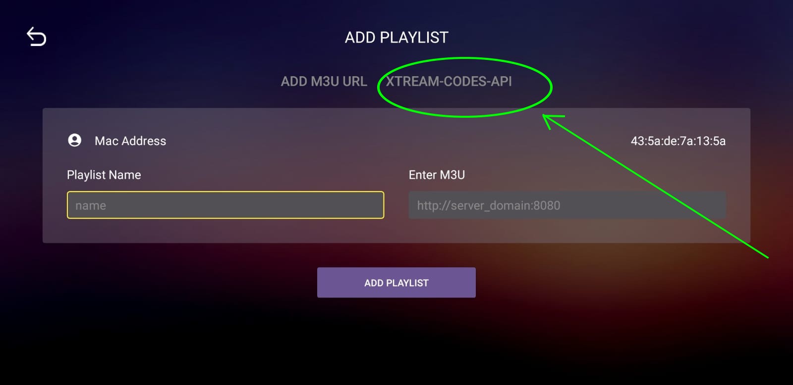 Select Xtream Codes API in TUD IPTV app