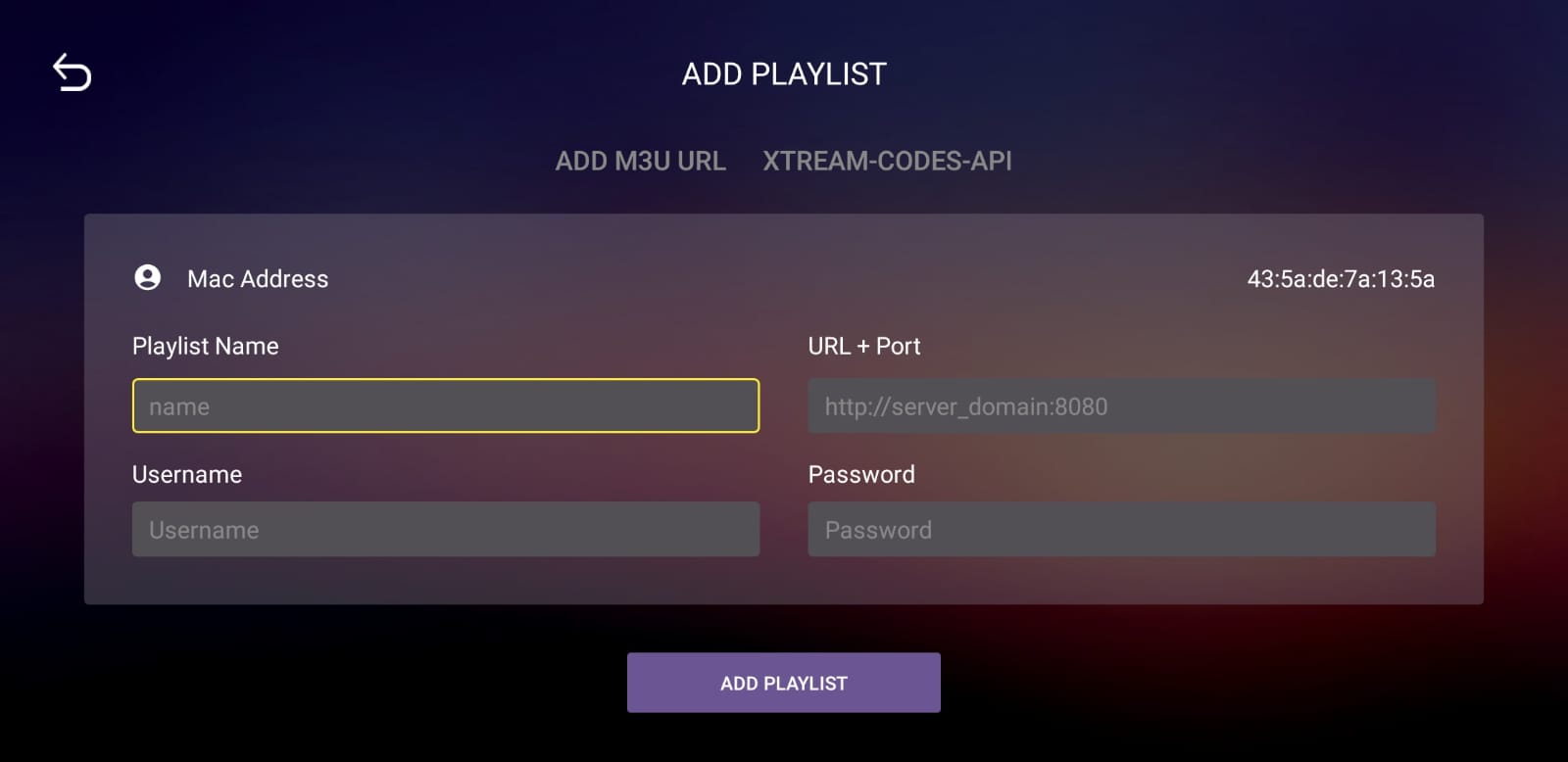 Enter server details in TUD IPTV app