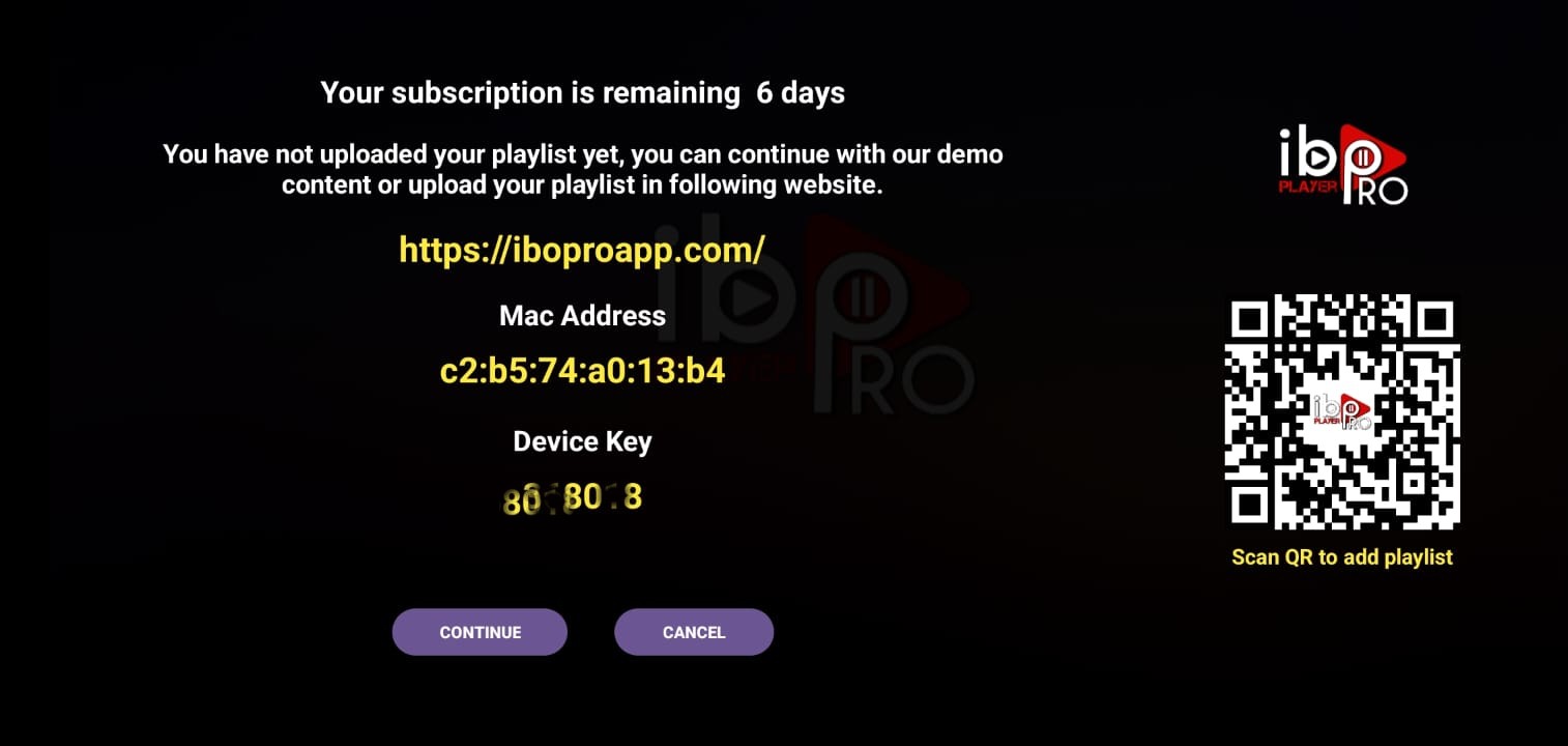IBO Player opened on Samsung or LG TV showing MAC address
