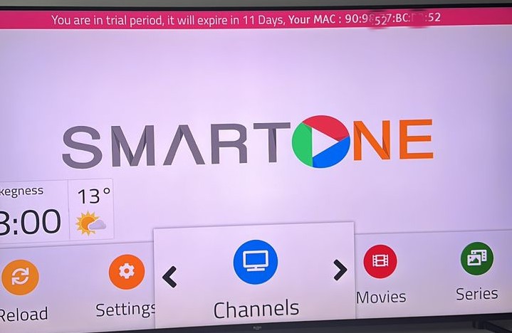 SmartOne IPTV opened showing MAC address in red