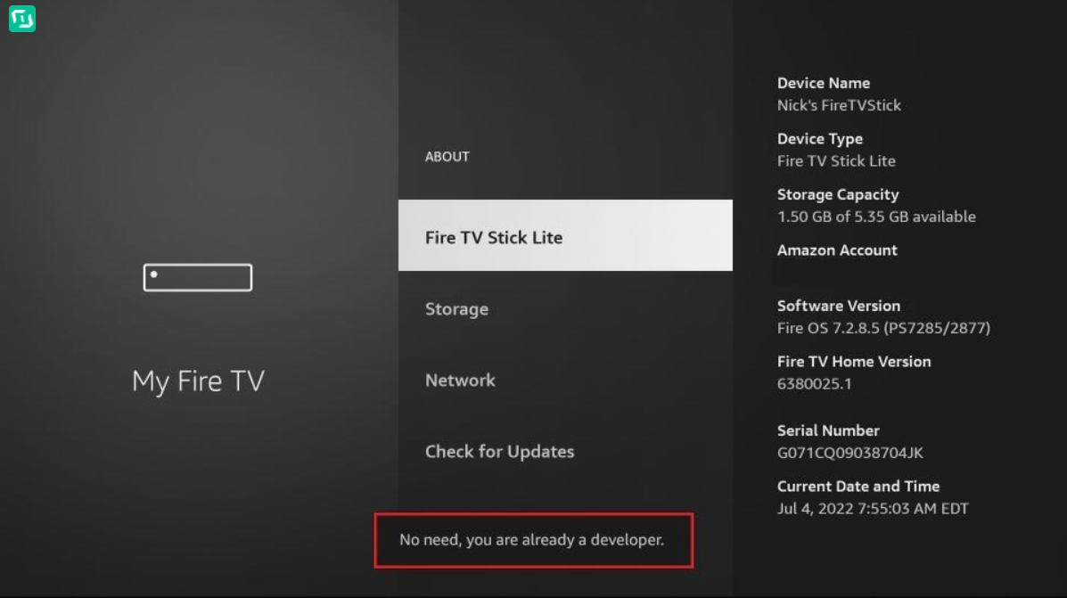 Developer Options enabled notification on FireStick